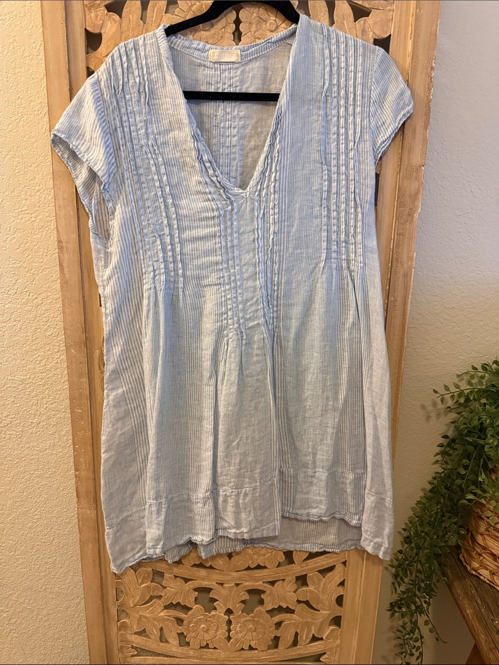 Free People Light Blue Pintuck V-Neck Mini Dress